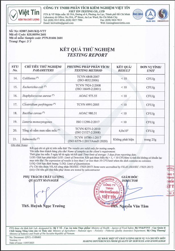 Kết quả kiểm nghiệm - An toàn vi sinh