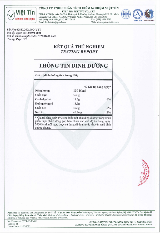 Kết quả kiểm nghiệm - Giá trị dinh dưỡng